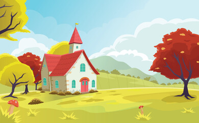 Cozy Cottage School in a Sunny Meadow Vector