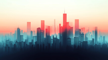 Futuristic financial city with expenses, stocks, and finance icons blending into the skyline