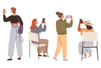 Four individuals using mobile devices while in different postures and activities, including sitting and standing. Ideal for technology, social media, communication, modern lifestyle, fashion trends