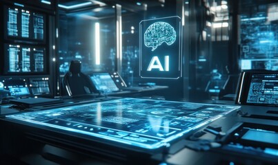 Futuristic AI Lab with Digital Interface and Data Screens