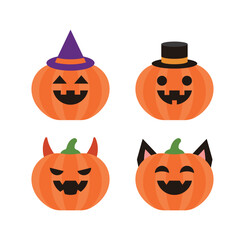A set of pumpkin ghost character illustrations with a Halloween day concept for the fall season. The pumpkins are wearing witch hats, fedoras, horns, and cat cosplay with various expressions.