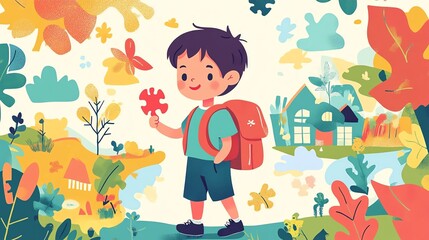 Boy or girl returning to school, puzzle piece in hand, springtime activities all around, flat design illustration