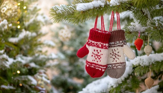 Cozy Christmas Mittens on Snowy Tree: A pair of hand-knitted mittens, red and cream with snowflake patterns, hang from a snow-dusted Christmas tree branch, creating a charming winter scene.