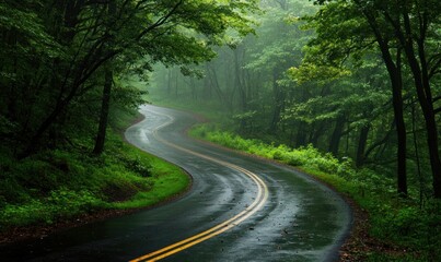 Fototapeta premium Serene Forest Road in Misty Greenery