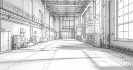 Fototapeta premium Detailed Blueprint of an Empty Industrial Warehouse Interior with Structural Elements