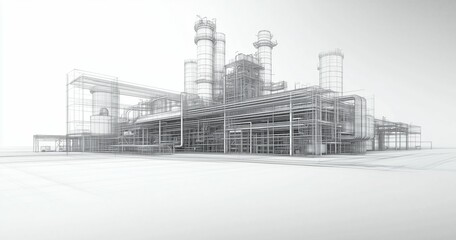 Perspective View of a Technical Blueprint for a Large Industrial Facility