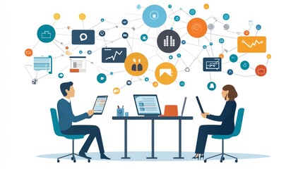 Project management teamwork, two persons discussing product reviews, network links, stock market background, flat design illustration