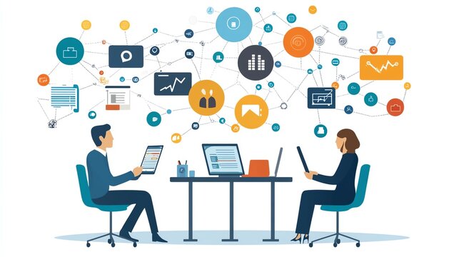 Project management teamwork, two persons discussing product reviews, network links, stock market background, flat design illustration