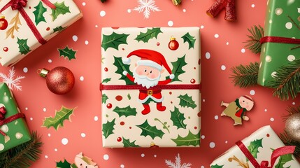 Whimsical Christmas gift wrap with elves and Santa Claus background