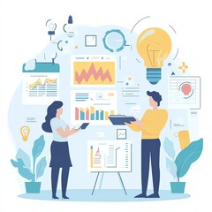 Two individuals managing a project, product reviews and network analysis, stock market focus, flat design illustration