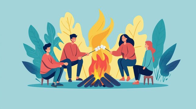 A cozy group of friends enjoys roasting marshmallows around a vibrant campfire