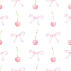 Cherry and pink bows. Watercolor seamless pattern on white background in pastel colors for textile and wrapping paper. Cute children's illustration