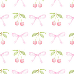Cherries and pink bows. Watercolor seamless pattern on white background in pastel colors for textiles and wrapping paper. Cute children's illustration