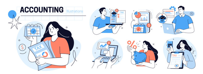 AI technology in finance and accounting set. Collection of characters preparing automated tax return with artificial intelligence algorithms, machine learning tools. Vector illustration.