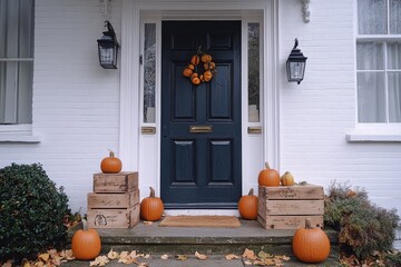Obraz premium Open Front Door of a London Terraced House with Halloween Decorations, Featuring Wooden Boxes, Pumpkins, and Lanterns.