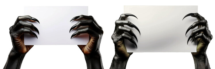 Close-up of black and brown hands of a monster with long sharp claws holding a blank sheet of paper with copy space. Isolated on white or transparent background, template. Png. Generative Ai.