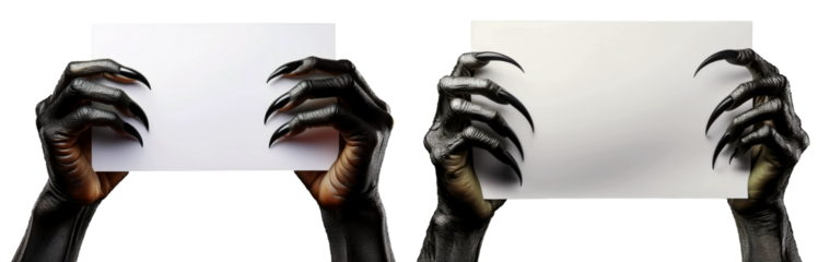 Close-up of black and brown hands of a monster with long sharp claws holding a blank sheet of paper with copy space. Isolated on white or transparent background, template. Png. Generative Ai.
