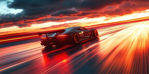 High-Speed Race Car on a Vibrant Sunset Racing Track with Motion Blur