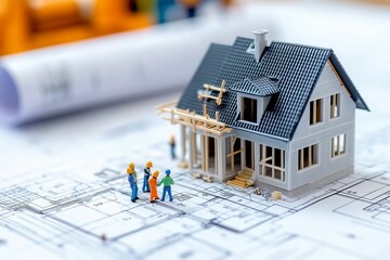 Model House on Architectural Blueprint with Miniature Figures in Construction Concept