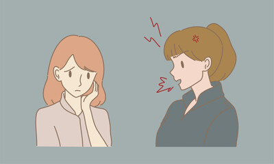 Angry businesswoman yelling at sad employee. Two women quarrel. Office workers conflict. Hand drawn flat cartoon character vector illustration. 