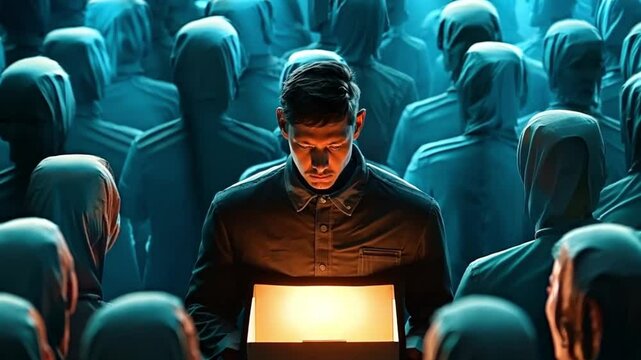  Concept of breaking away from conformity of society. Man discovering mysterious glowing box amidst anonymous crowd.
