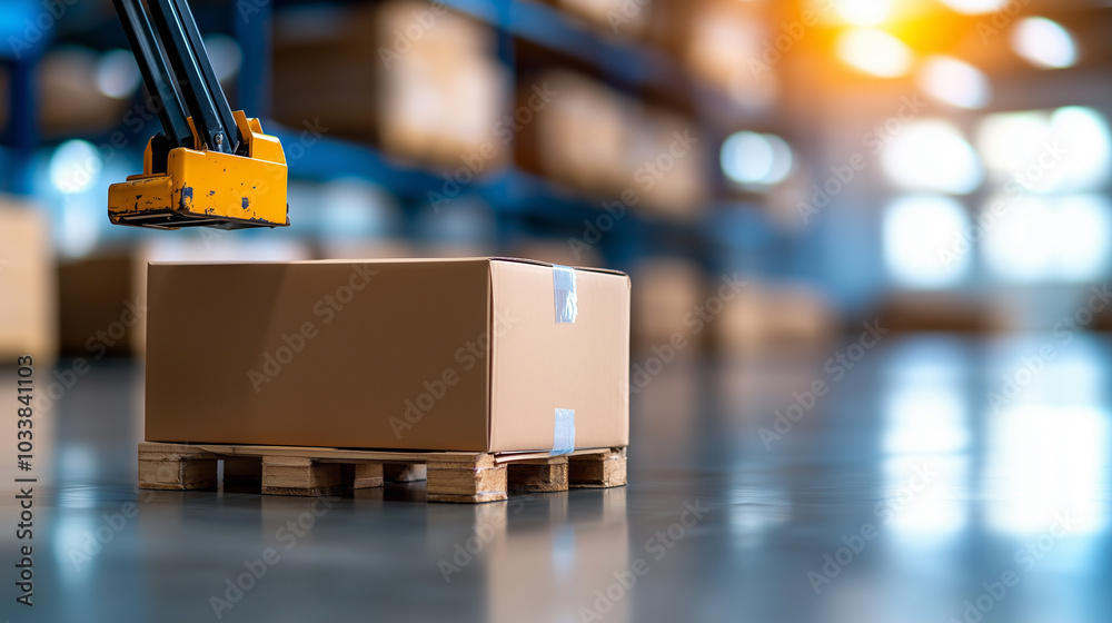 Aufkleber pallet jack is lifting cardboard box in warehouse, showcasing efficient logistics and storage soluti