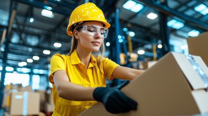 Efficient worker placing packages on shelves in warehouse, showcasing dedication and focus. bright yellow helmet and gloves highlight safety in workplace