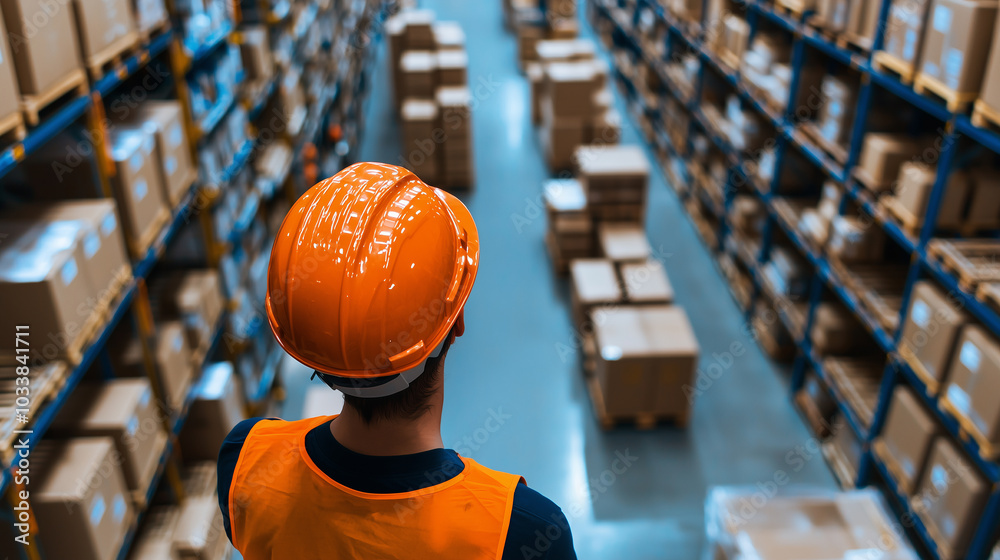 Poster worker in orange safety helmet and vest observes organized rows of boxes in large distribution center. atmosphere conveys sense of efficiency and order