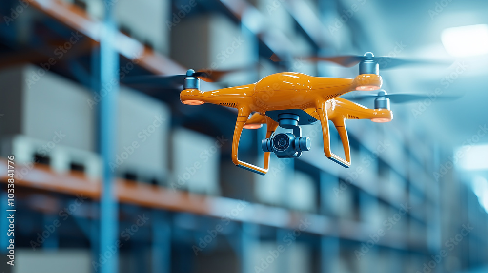 Poster Automated drones are scanning shelves in futuristic warehouse environment, showcasing advanced technology and efficiency in inventory management