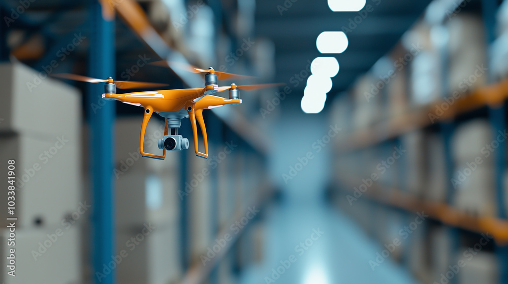 Poster automated warehouse drone scanning shelves in futuristic environment, showcasing advanced technology