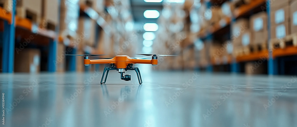 Poster automated warehouse drone scanning shelves in futuristic environment, showcasing advanced technology