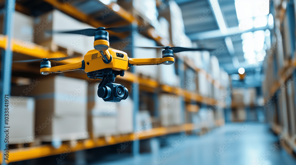 Poster Automated warehouse drones scanning shelves in futuristic setting, showcasing advanced technology and efficiency in inventory management