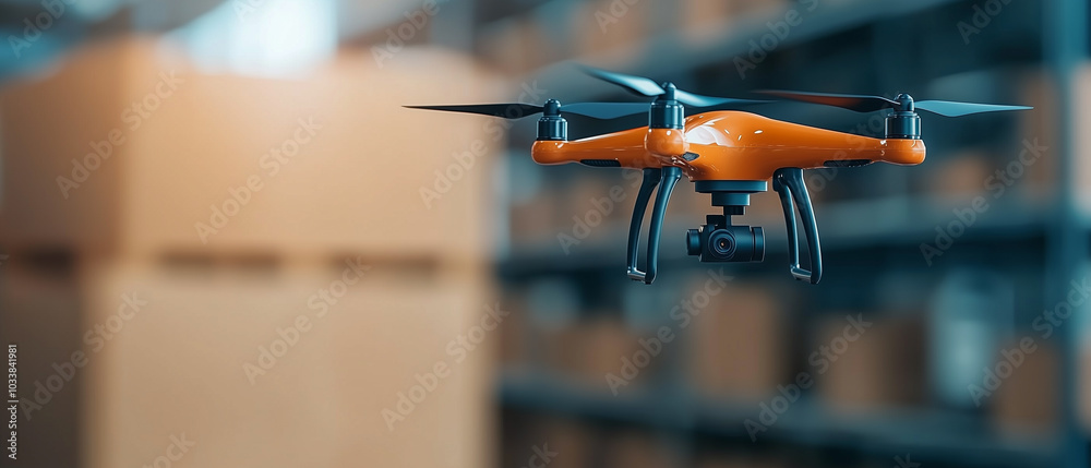 Poster automated warehouse drone scanning shelves in futuristic setting, showcasing advanced technology and