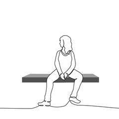 woman sitting alone with legs spread on bench - one line art vector. concept loneliness, rest on bench, waiting