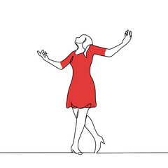female artist standing accepting applause or performing - one line art vector. concept beautiful slim woman in red dress and pumps