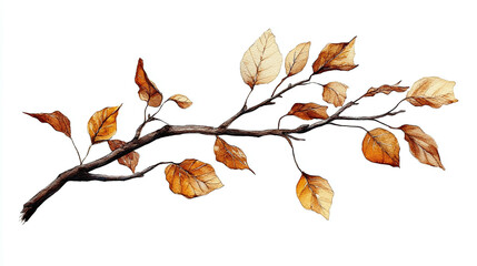 Branches with dry leaves, watercolor illustration with isolated background.