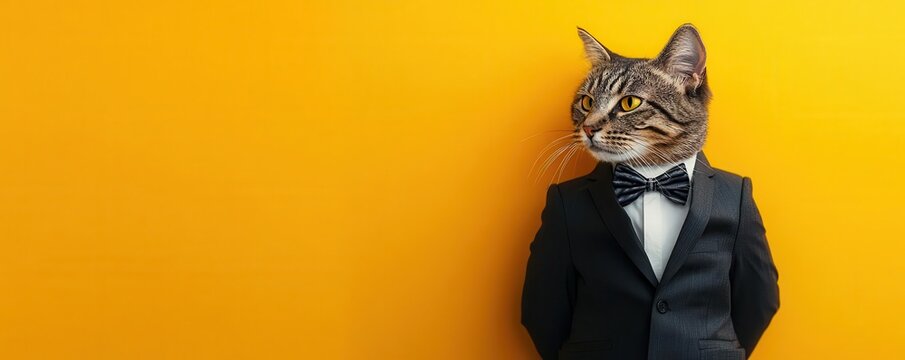 Professional-looking cat dressed in a sleek suit, standing confidently against a vibrant background, capturing confidence, business cat, symbol of ambition and success