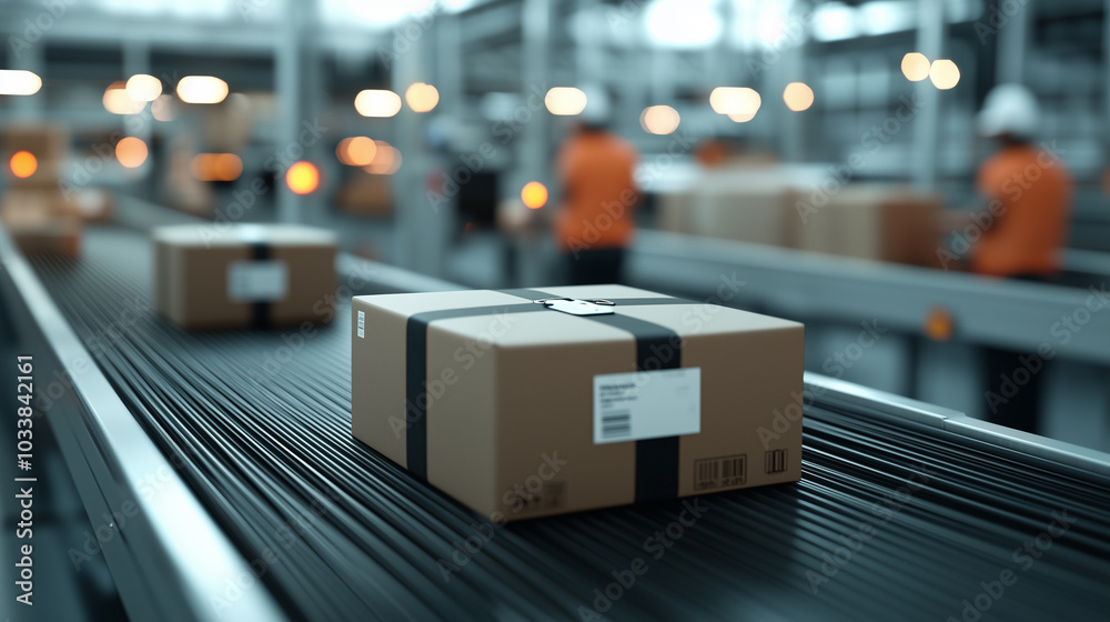 Aufkleber Automated warehouse with conveyor sorting packages, showcasing efficiency and modern logistics. Workers in background contribute to seamless operation of package handling