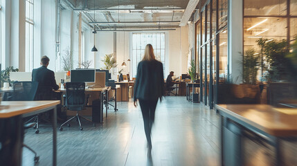 Corporate employees working in a co-working open space walking in motion, sharing desks. Concept of an office rush at the end of a busy working day. Horizontal banner image for website design