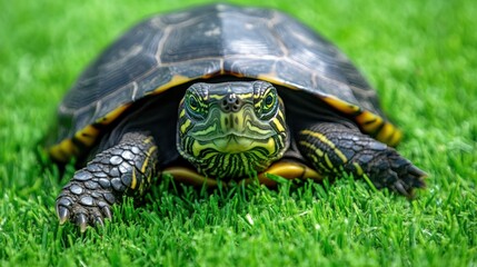 Fototapeta premium turtle with curious eyes, resting on a bright green grass background under daylight