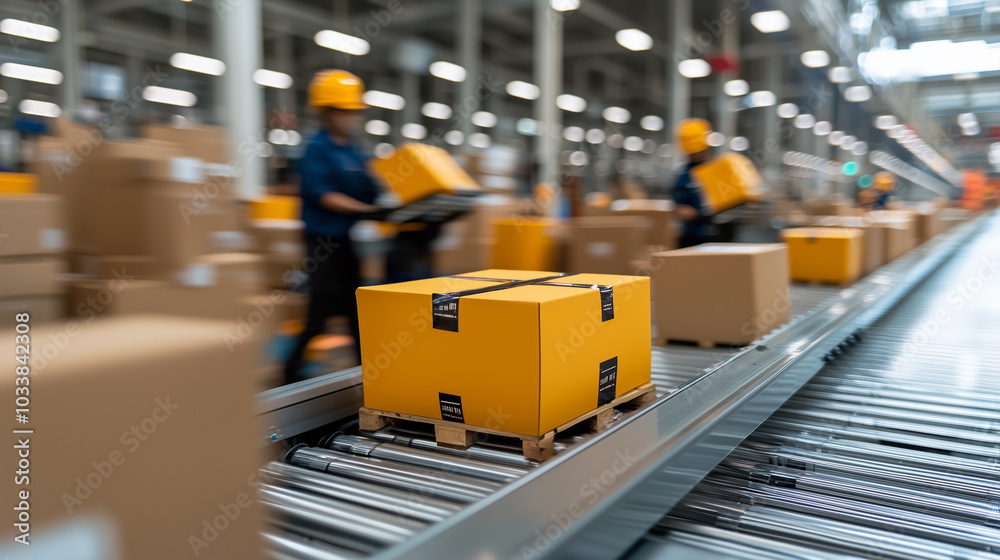 Poster efficiently organized packages are being scanned and sorted on conveyor belt in busy warehouse. smoo