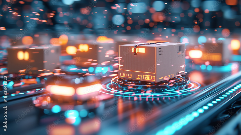 Aufkleber Automated packages moving on conveyor belt in modern warehouse, showcasing advanced sorting technology and efficiency. vibrant colors and dynamic motion create energetic atmosphere
