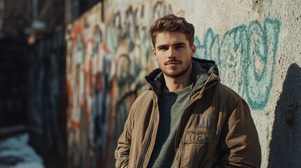 Fototapeta premium Young man in a casual jacket standing in front of a graffiti-covered wall, urban street setting, moody lighting with slight shadow