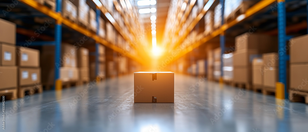 Poster single cardboard box sits in spacious warehouse, illuminated by warm sunlight streaming through aisl
