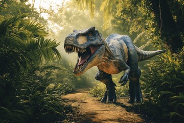 Naklejka premium A large T-Rex is walking through a forest. The dinosaur is looking at the camera and he is in a playful mood