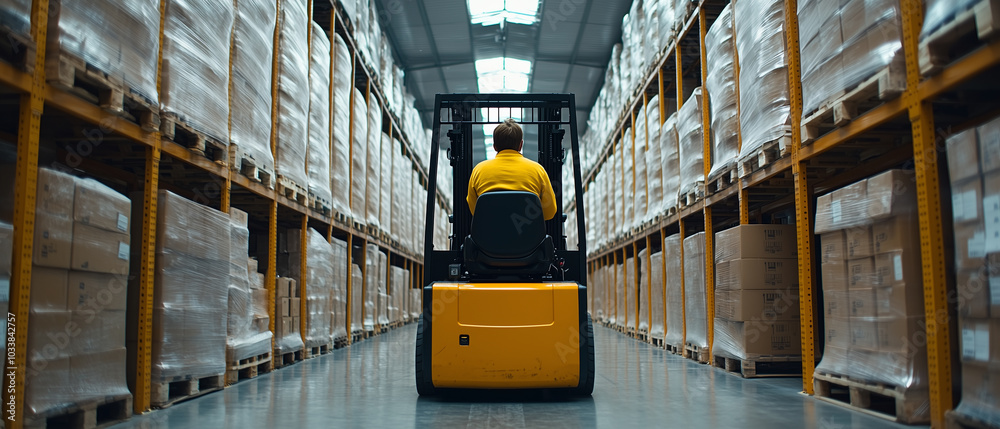 Poster Efficient employee driving forklift through warehouse, ensuring safety while navigating between stacked pallets. organized environment highlights productivity and teamwork