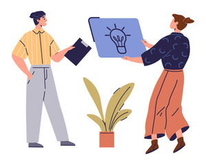 Two individuals stand near a potted plant exchanging ideas. One holds a clipboard while the other presents a board with a lightbulb symbol. Ideal for brainstorming sessions, creative thinking