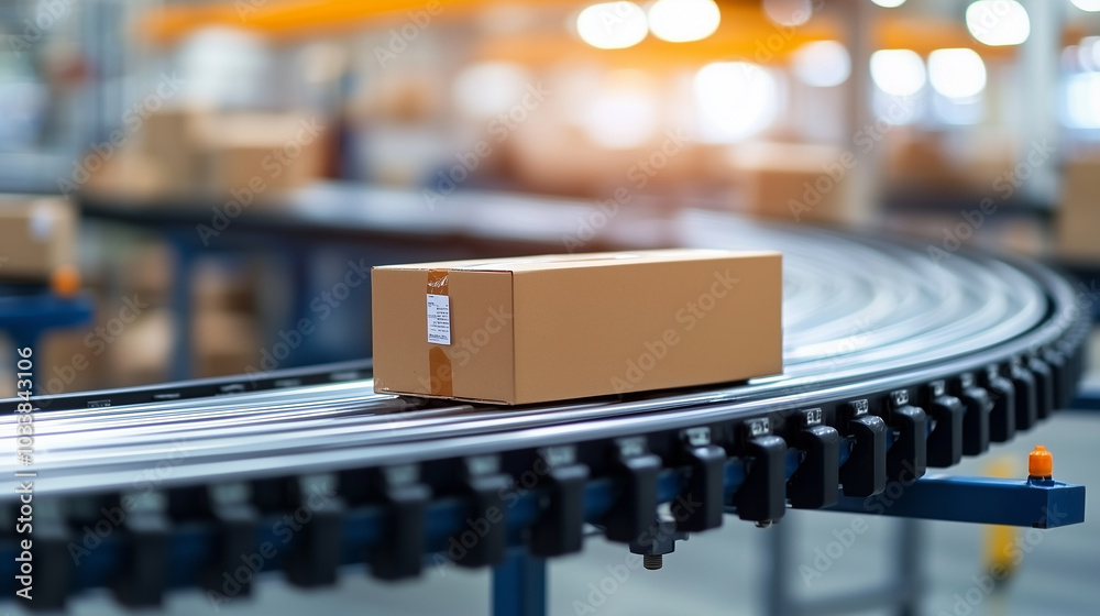 Poster modern distribution warehouse features conveyor belt transporting cardboard box, showcasing efficien