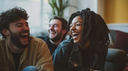 Obraz premium Colleagues laughing and working together on a couch, clean and minimalistic image with focus on their collaboration.