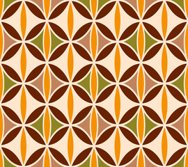Fototapeta premium Retro midcentury circles petals geometrics brown Raster Pattern. Bohemian round geometrics in brown orange optical seamless pattern.